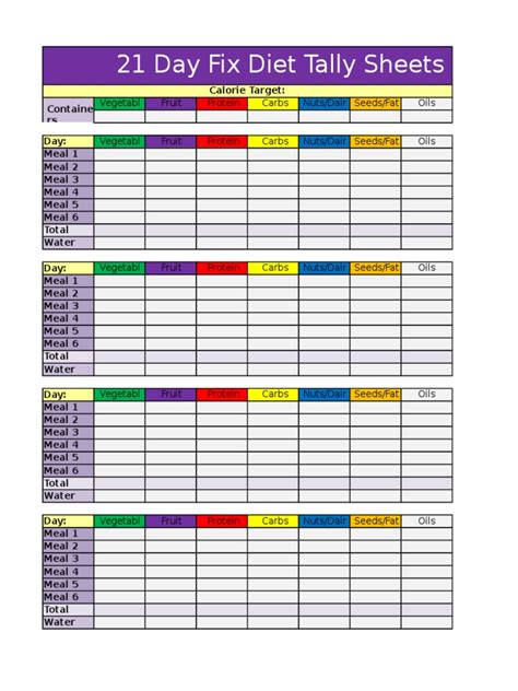 Printable 21 Day Fix Tally Sheets